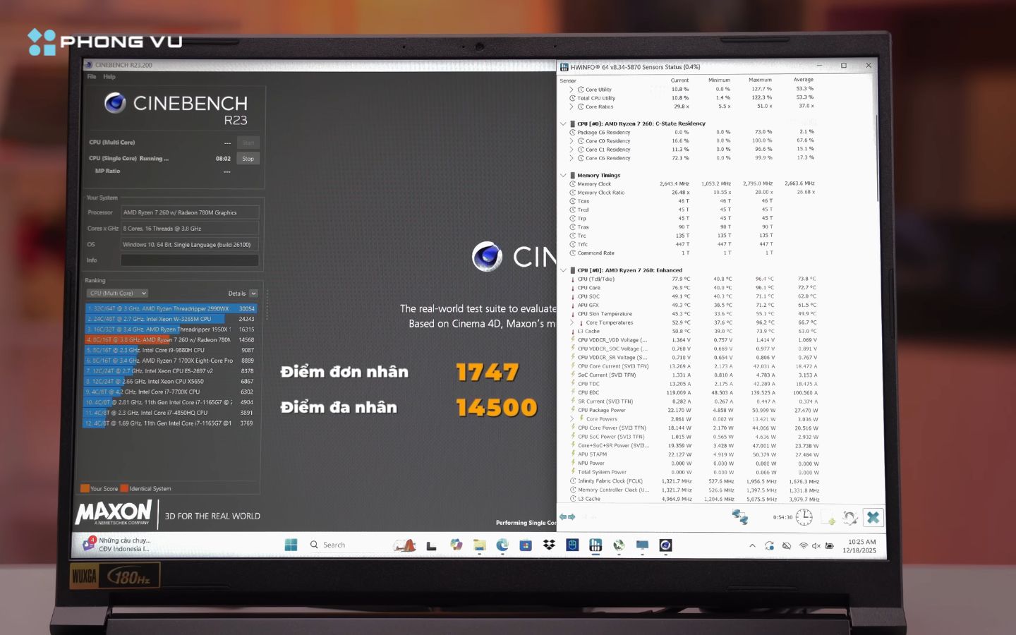 Test CPU Cinebench R23, CPU đạt khoảng 1.747 điểm single-core và hơn 14.500 điểm multi-core