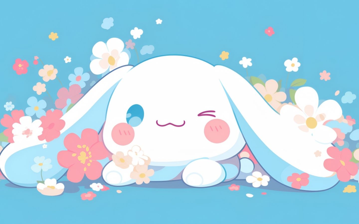 Hình nền Cinnamoroll cute nằm giữa hoa, vibe ngọt ngào cực thư giãn