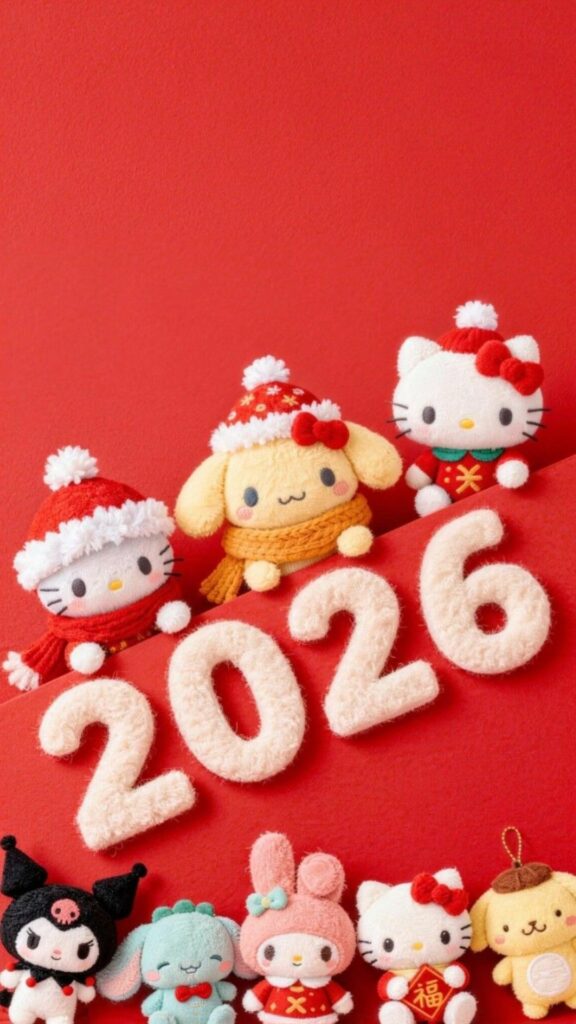 Nền đỏ nổi bật, hội bạn chúc mừng năm 2026