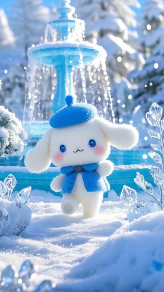Cinnamoroll đứng dưới vòi nước, mùa đông trắng xóa dịu dàng