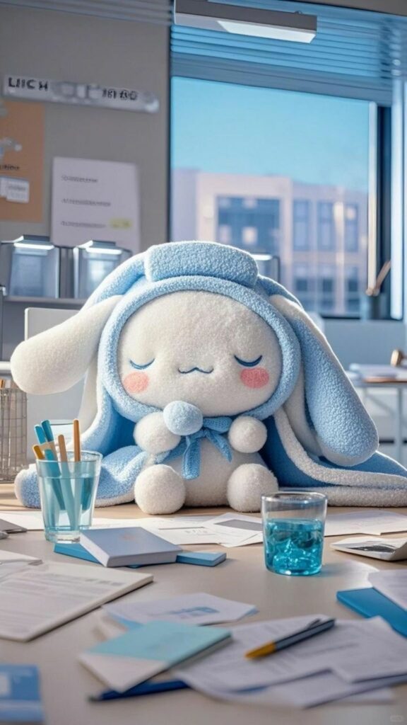 Hình nền Cinnamoroll cute ngủ gật bàn học, vibe chăm ngoan