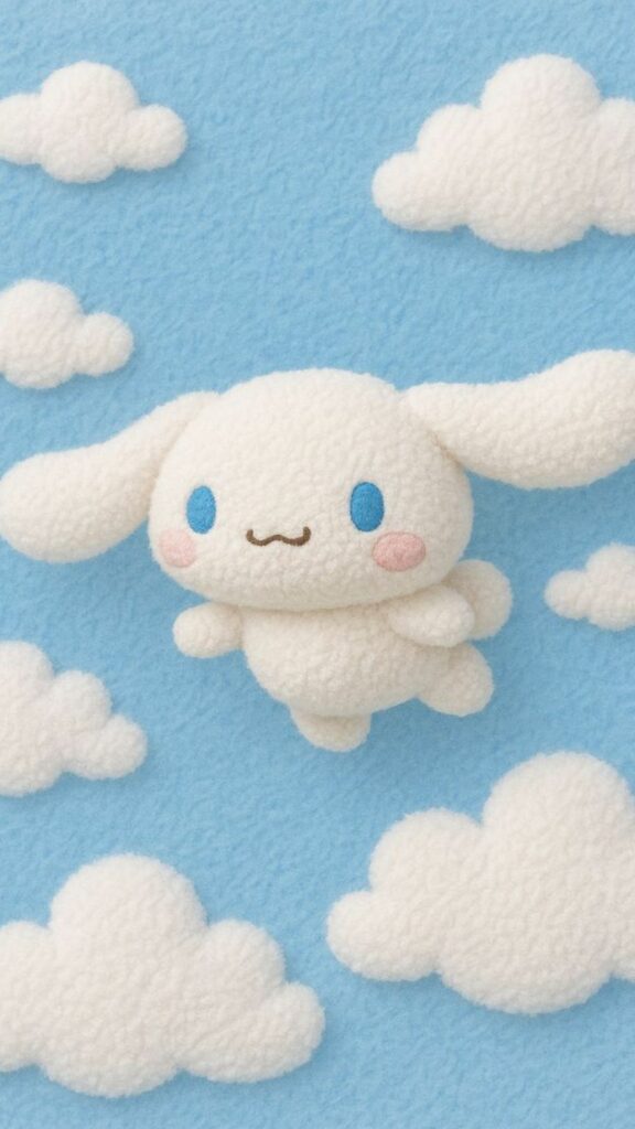Cinnamoroll giữa mây bông, nền xanh pastel nhẹ nhàng