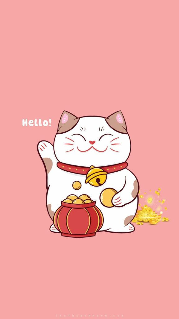 Mèo thần tài nền hồng đáng yêu mang may mắn