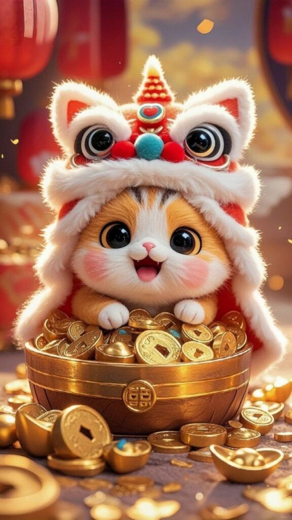 Mèo thần tài đội mũ lân biểu tượng khởi đầu thuận lợi