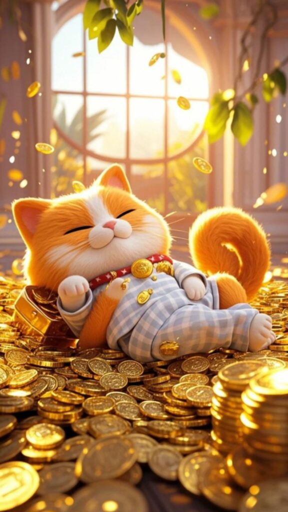 Hình nền mèo thần tài thư giãn giữa không gian vàng