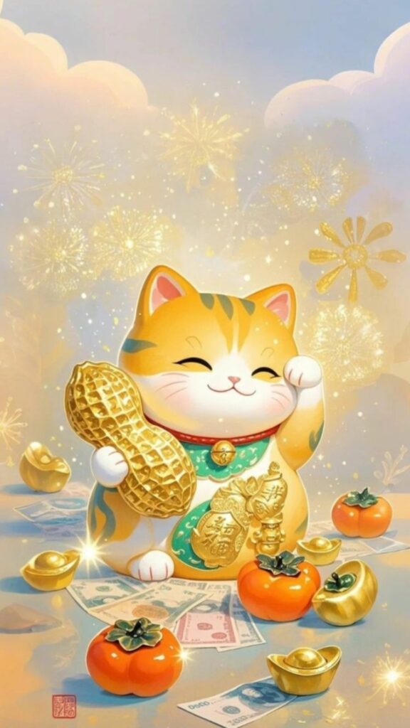 Mèo thần tài vàng cười tươi lan tỏa năng lượng tích cực