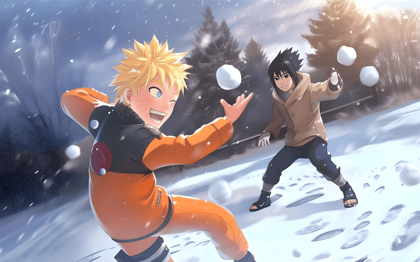 Hình nền Naruto vs Sasuke chơi bóng tuyết 
