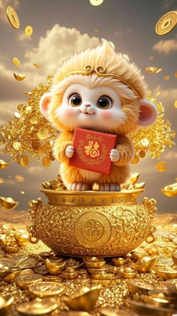 Hình nền 12 con giáp cute Khỉ chibi đứng trên núi vàng