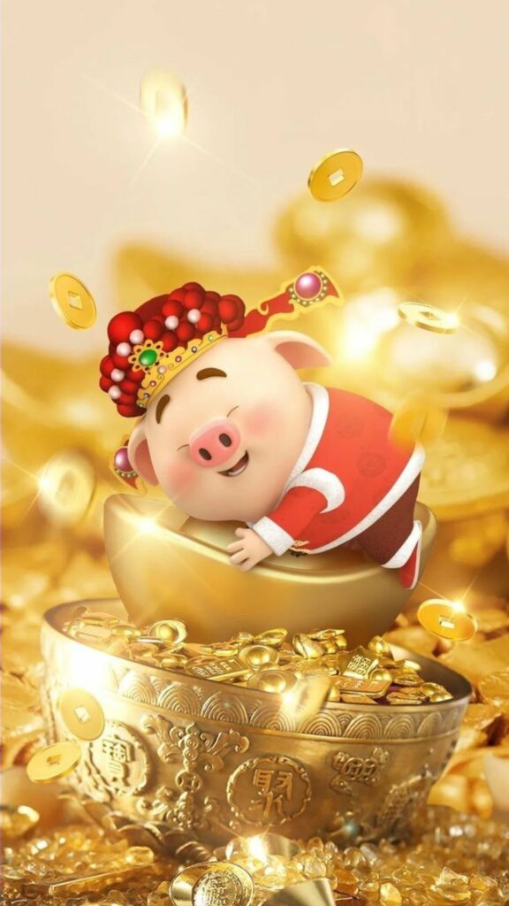 Hình nền 12 con giáp cute Heo nhỏ ôm hũ vàng cười tươi