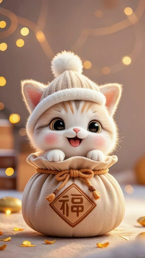 Mèo chibi ôm túi phúc đáng yêu