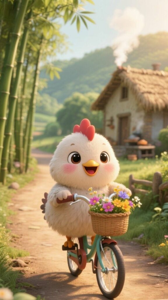 Gà con đạp xe dạo làng yên bình