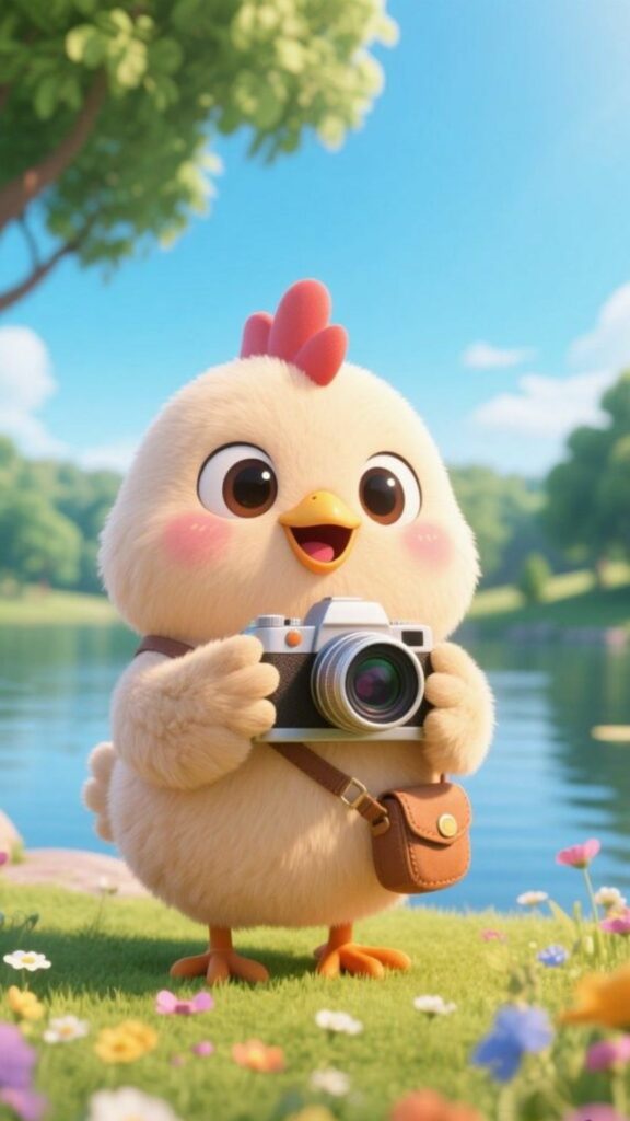 Gà nhỏ cầm máy ảnh ngắm thiên nhiên