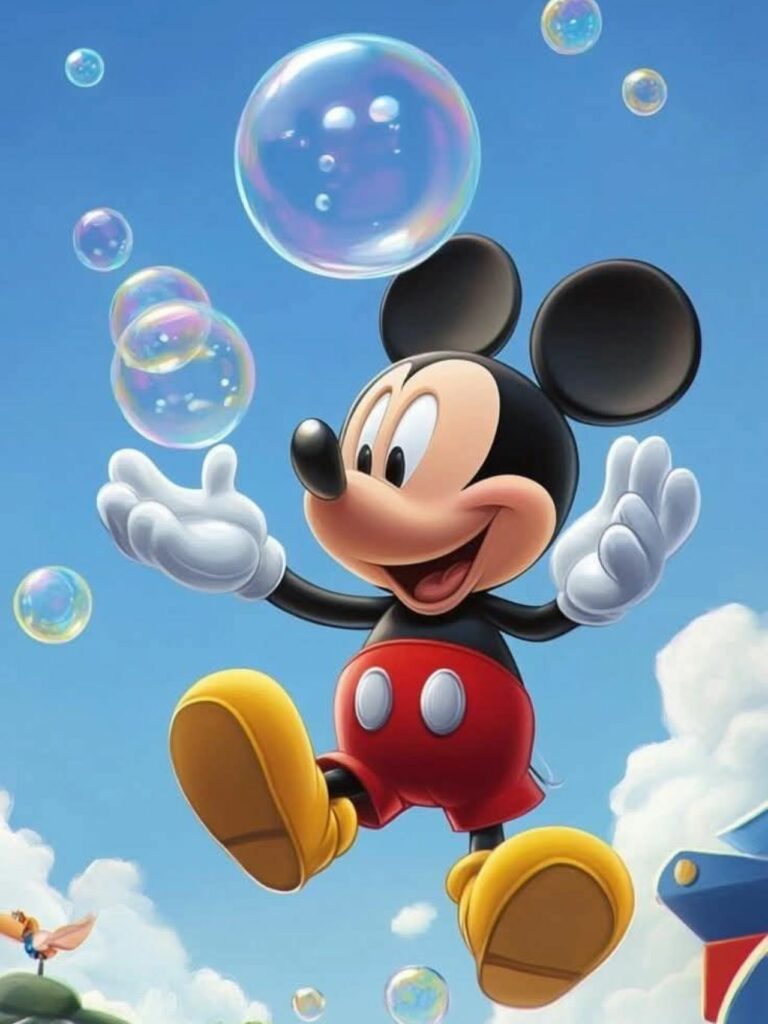 Mickey nhảy tung bọt bong bóng giữa bầu trời xanh