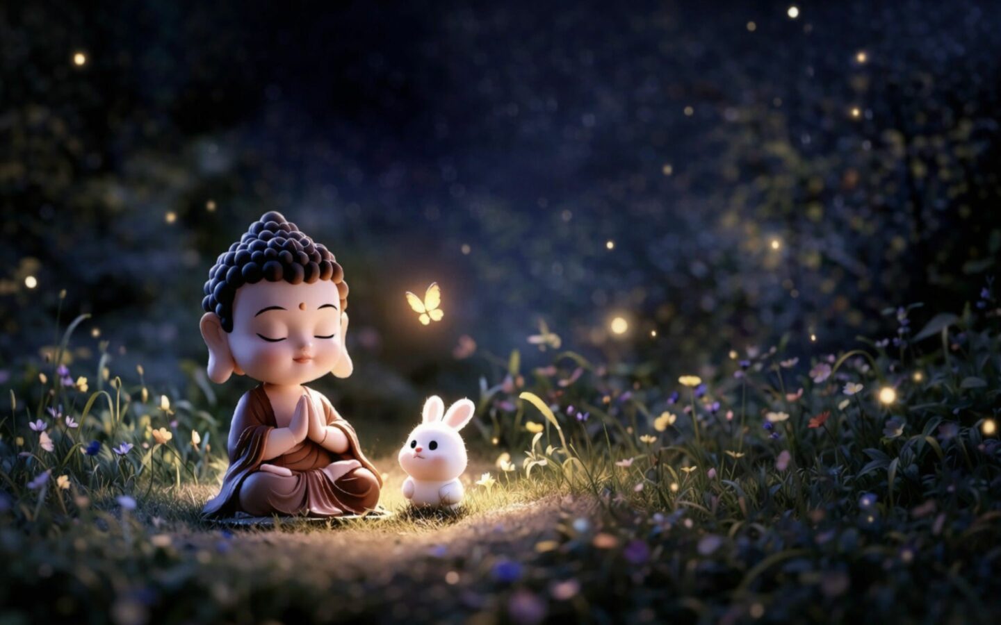 Hình nền iPad cute chú tiểu ngồi thiền giữa đêm sao lung linh ảo