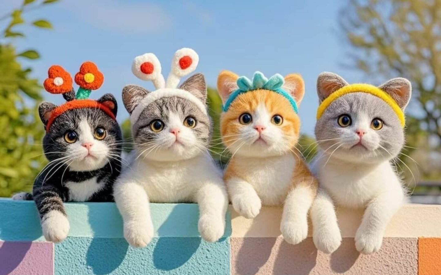 Bốn chú mèo ngồi hàng rào khoe vẻ đáng yêu