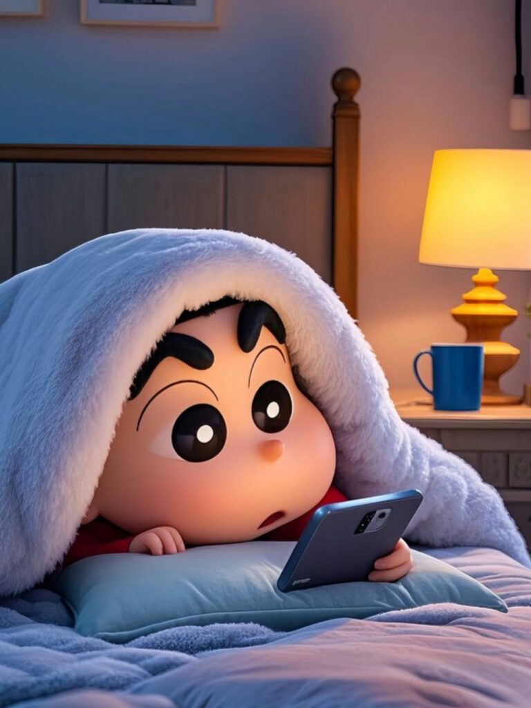 Bé Shin trùm chăn lướt điện thoại
