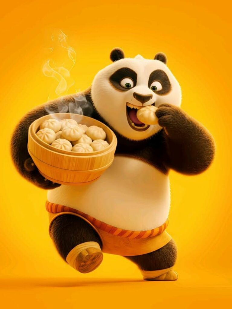 Gấu trúc ôm tô đồ ăn nóng hổi vui vẻ