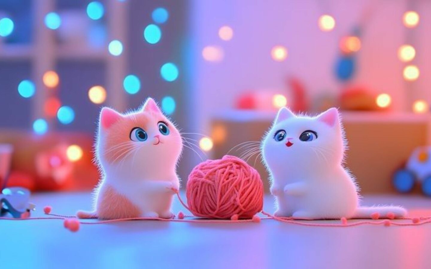 Hình nền iPad cute hai mèo nhỏ chơi len giữa ánh đèn lung linh