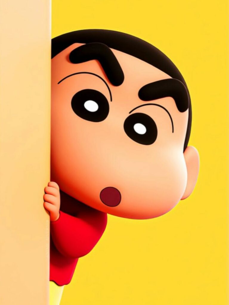 Hình nền iPad cute Bé Shin ló mặt sau bức tường
