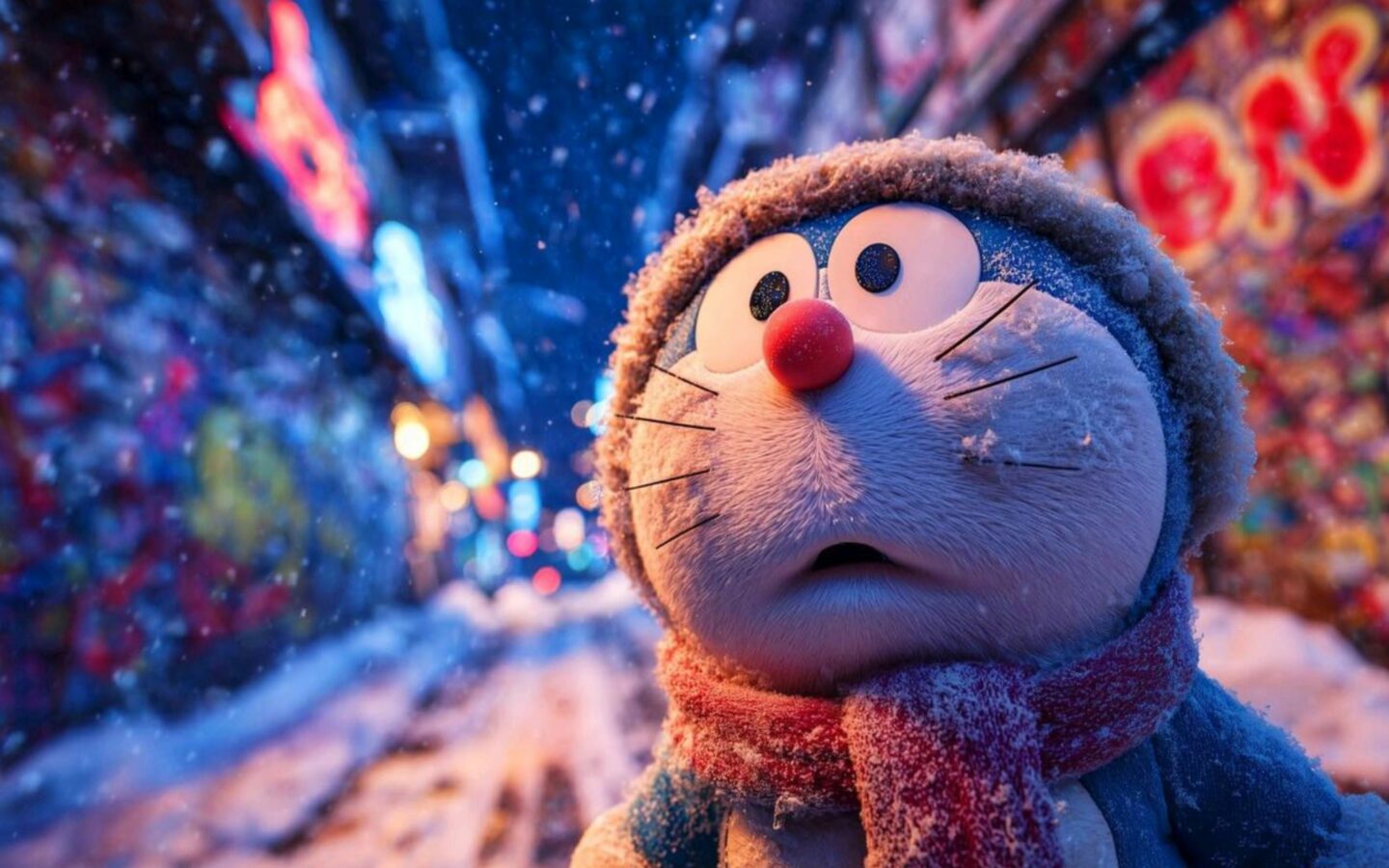 Doraemon đứng giữa ánh đèn phố đêm rực rỡ lung linh
