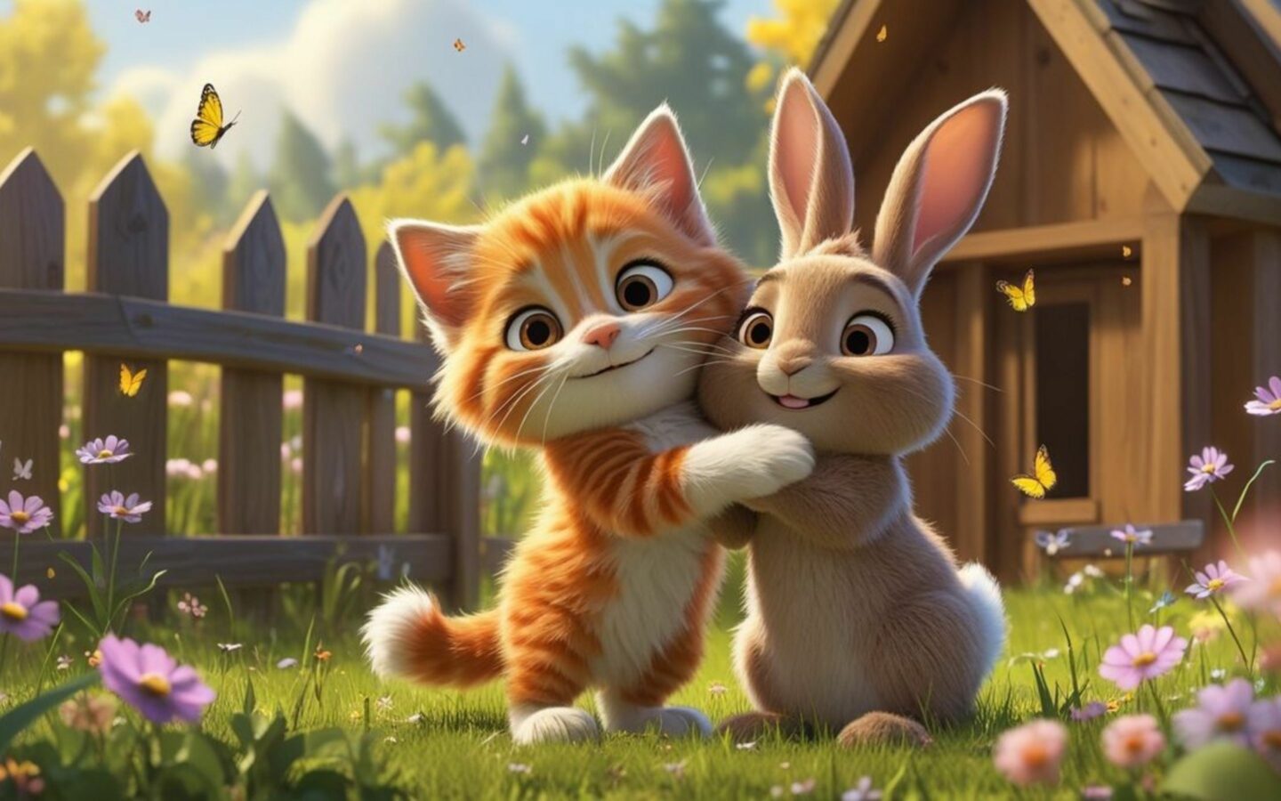 Mèo và thỏ ôm nhau trước ngôi nhà gỗ xinh