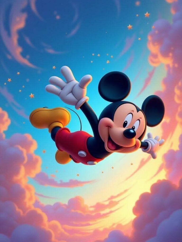 Mickey bay giữa bầu trời rực rỡ hứng phiêu lưu