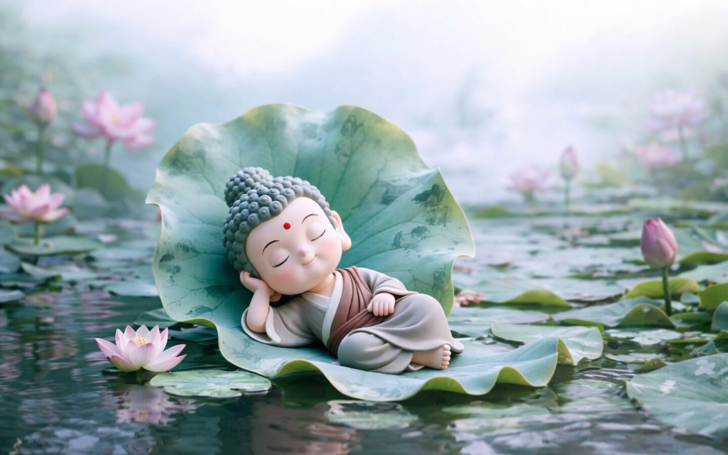 Em bé ngủ trên lá sen giữa hồ yên bình