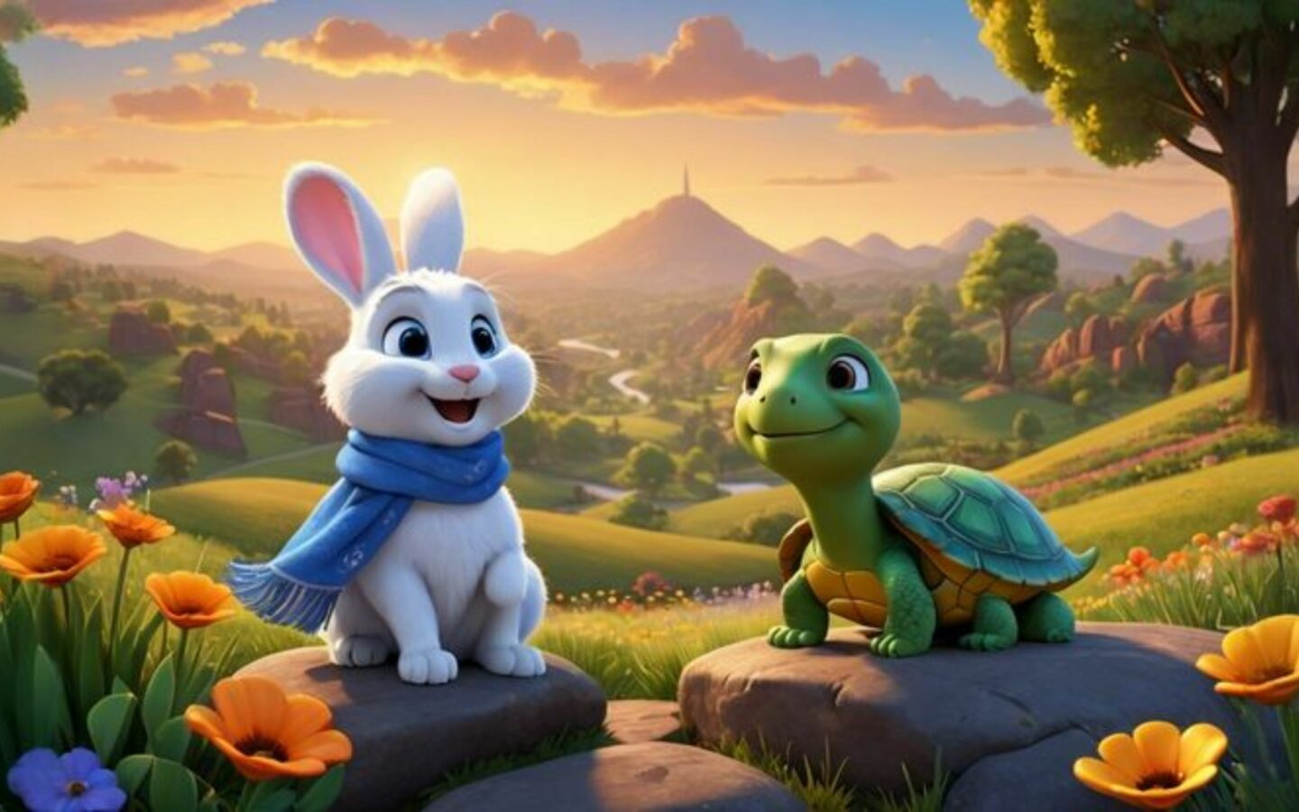 Thỏ và rùa trò chuyện giữa thung lũng hoàng hôn