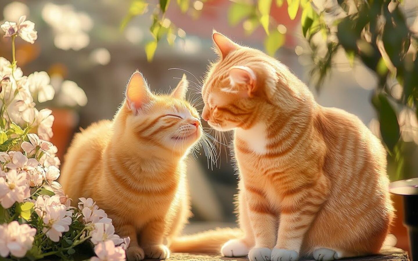Hai chú mèo nhìn nhau dưới tán hoa dịu nhẹ