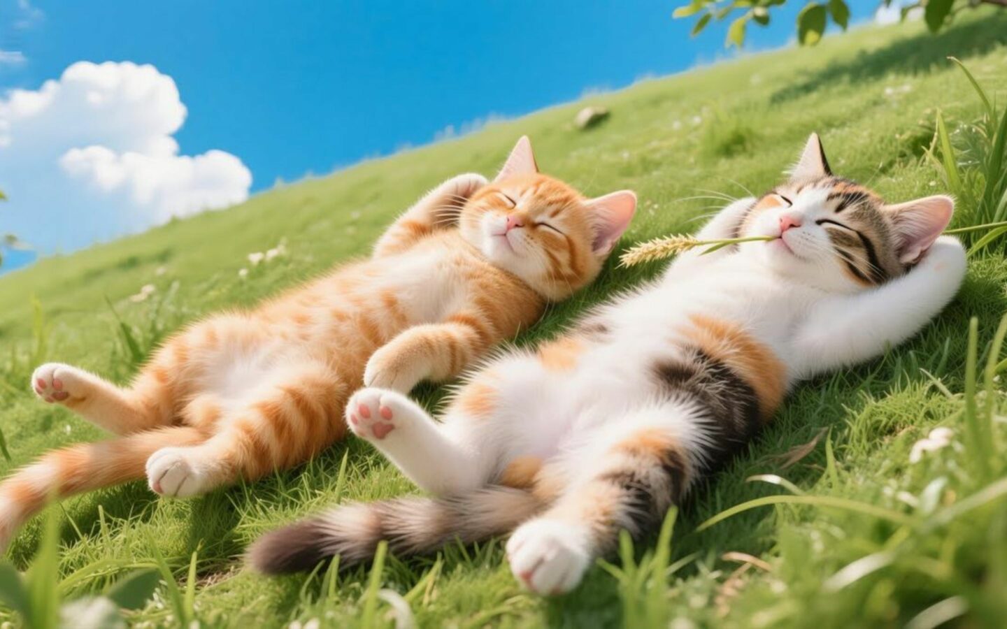 Hình nền iPad cute hai mèo nằm dài thư giãn trên đồi cỏ xanh