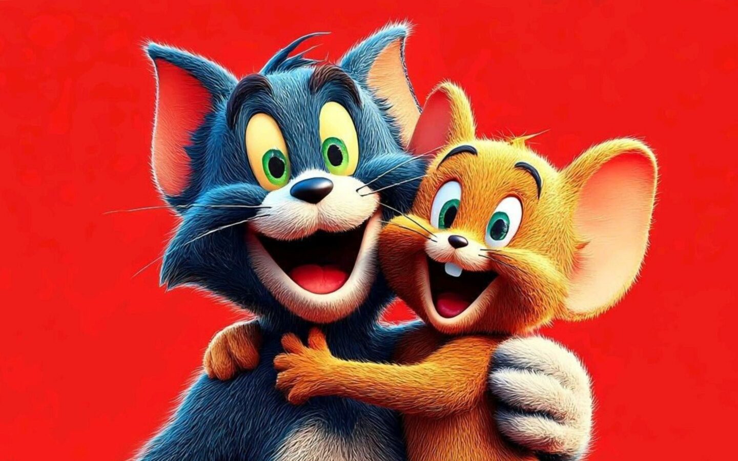 Hình nền iPad cute Tom và Jerry ôm nhau cười rạng rỡ nền đỏ