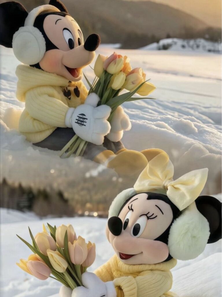 Mickey Minnie giữa tuyết trắng cầm hoa mang ấm áp