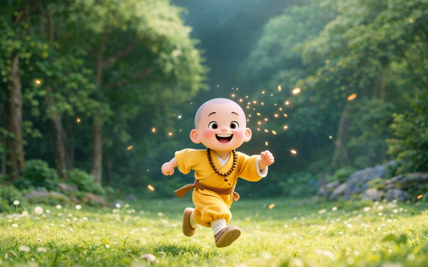 Chú tiểu chạy nhảy giữa rừng xanh tràn đầy vui