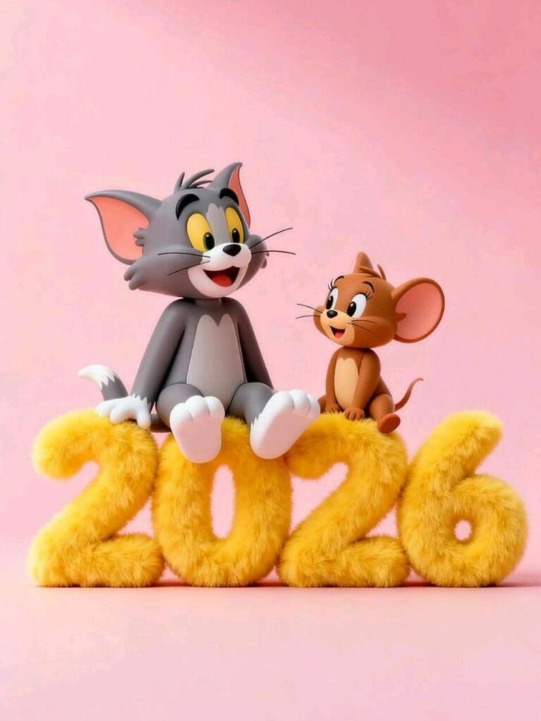 Hình nền iPad cute Tom Jerry ngồi trên số 2026 cute