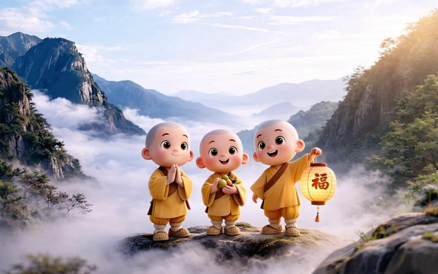 Hình nền iPad cute ba chú tiểu nhau đứng giữa núi non hùng vĩ
