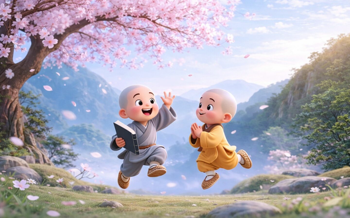 Hai chú tiểu tung tăng giữa thung lũng hoa xuân