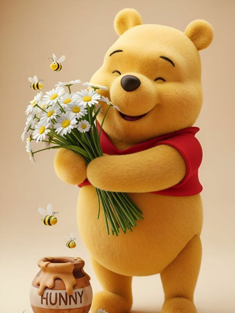 Gấu Pooh ôm hoa nhỏ mỉm cười mang bình yên