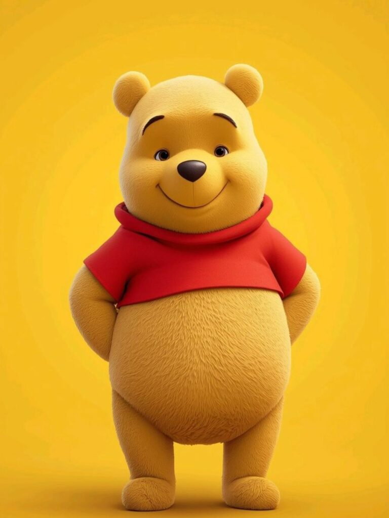 Gấu Pooh đứng thẳng nổi bật trên nền vàng tươi
