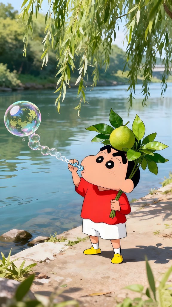 Hình nền Shin Chan thổi bong bóng bên bờ sông