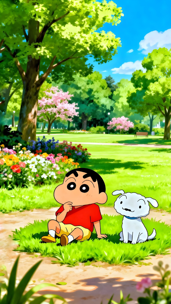Hình nền Shin-chan suy ngẫm trong sân vườn