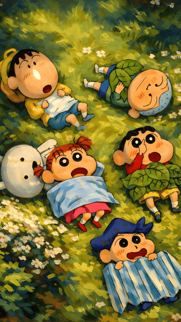 Hình nền Shin-chan cùng hội bạn mẫu giáo chill chill trên thảm cỏ