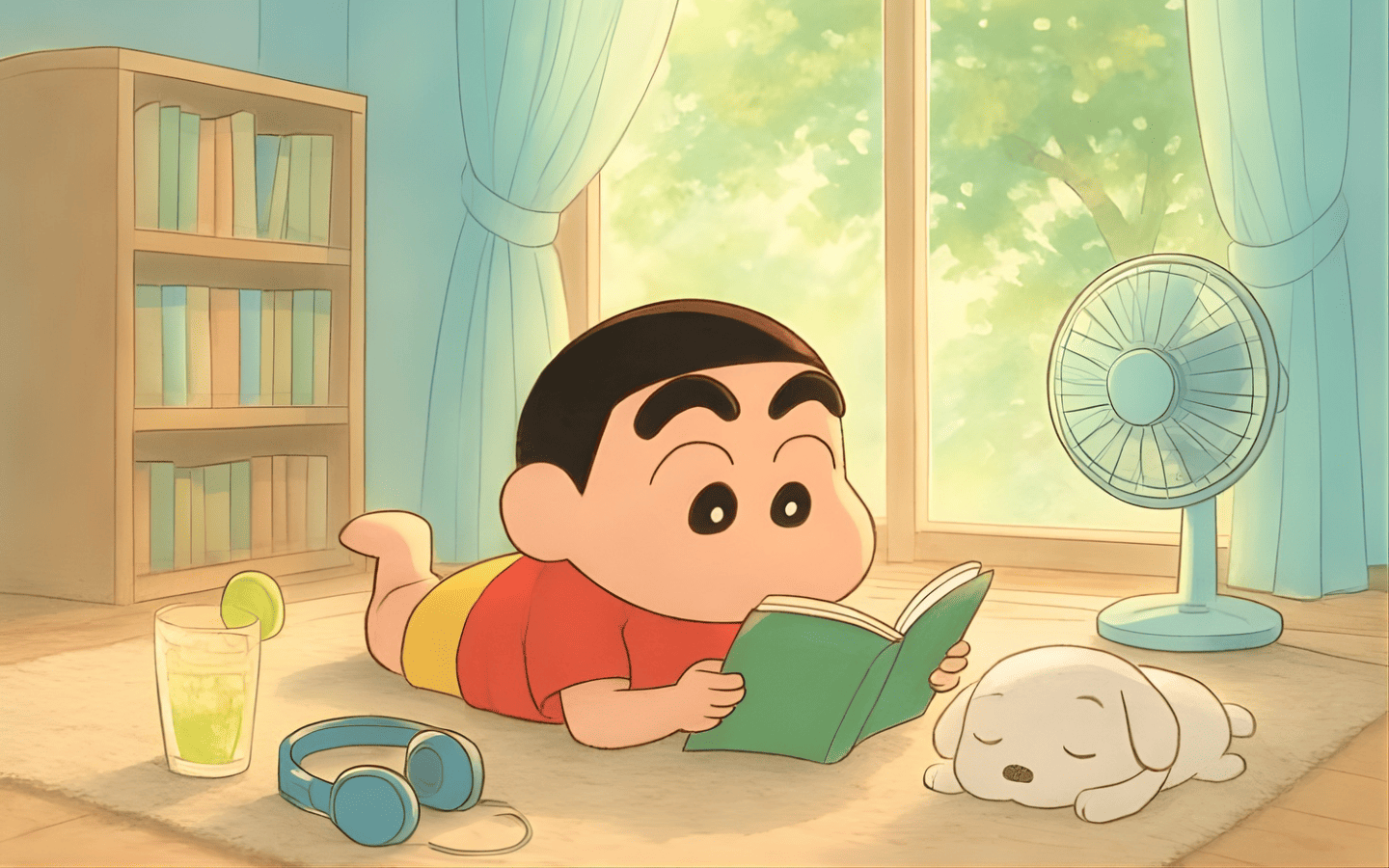 Hình nền Shin-chan nằm chill chill đọc sách cùng Shiro