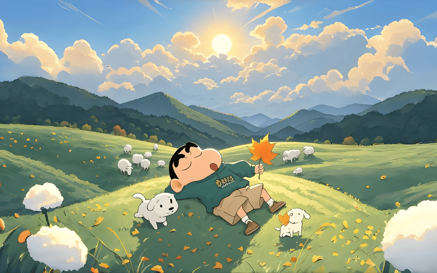 Hình nền Shin-chan nằm chill trên cỏ xanh
