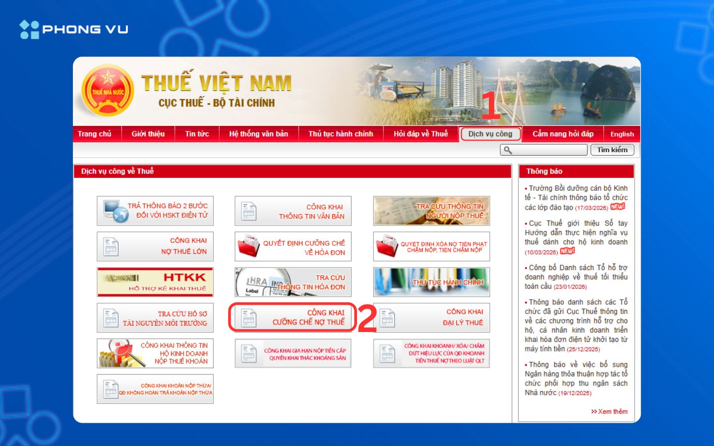 Hướng dẫn tra cứu nợ thuế TNCN 2026 chi tiết nhanh chóng 9 Truy cập Dịch vụ công của Trang Thuế Việt Nam và chọn mục Công khai cưỡng chế nợ thuế