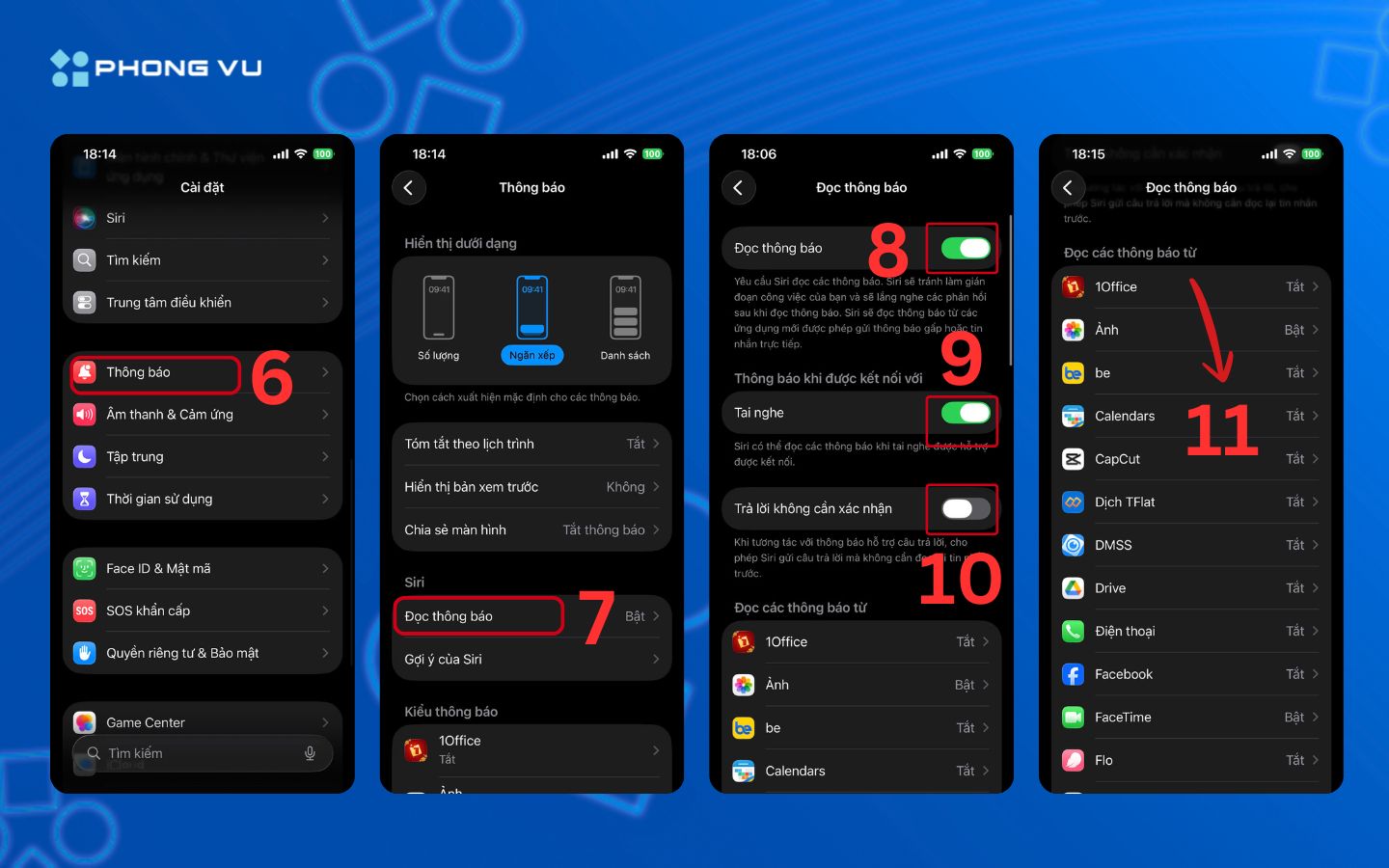 Bật tính năng Đọc thông báo từ Siri > Chọn từng ứng dụng muốn Siri đọc thông báo 