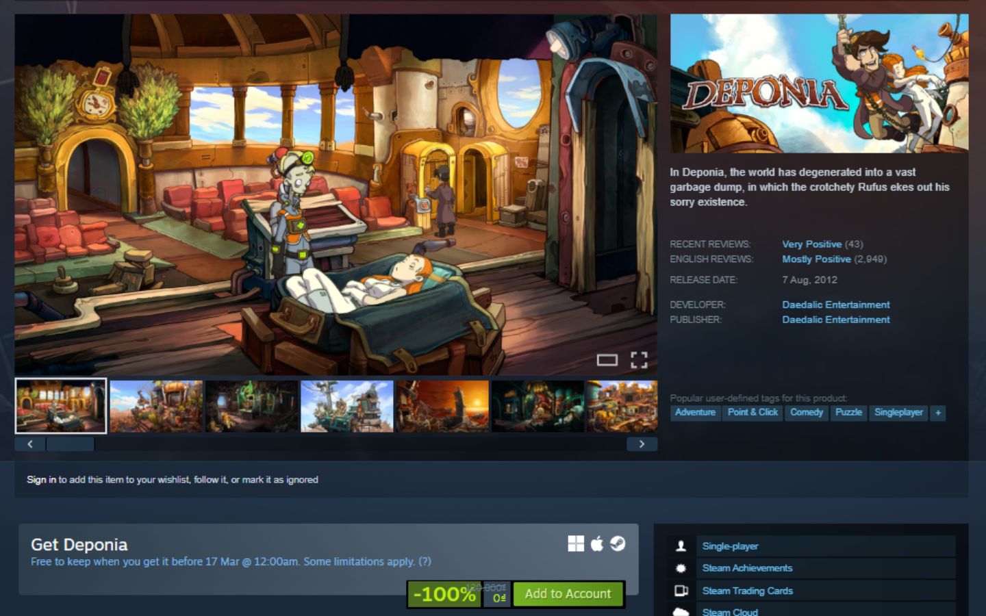 Game Deponia miễn phí trên Steam với 77% đánh giá tích cực
