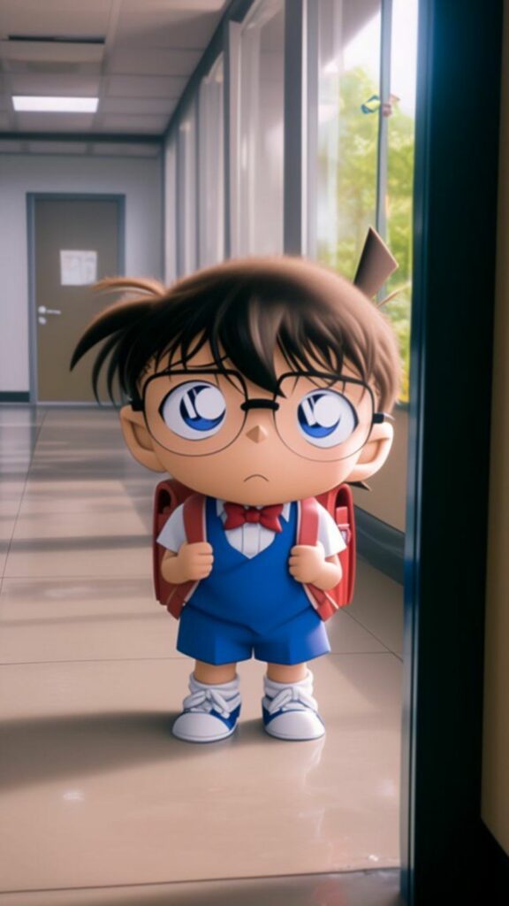 Hình nền Conan chibi đứng nép cửa trông cực đáng yêu