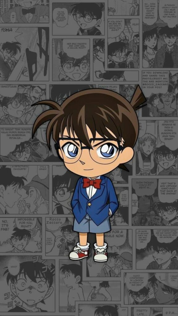 Conan chibi đứng trước nền truyện tranh cổ