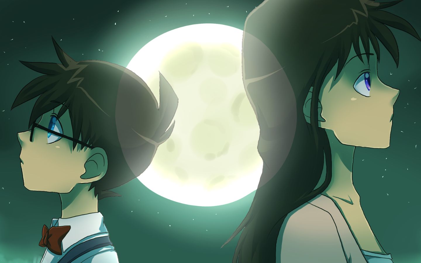 Shinichi và Ran đứng dưới ánh trăng đêm