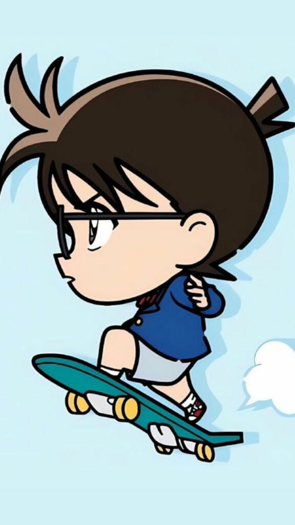 Conan chibi trượt ván bay giữa bầu trời xanh